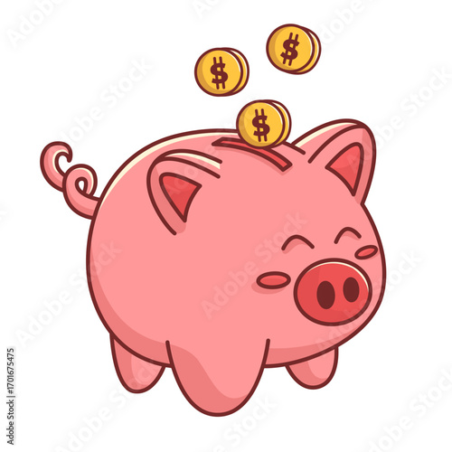 pink piggy bank smiling with three coins floating for saving money