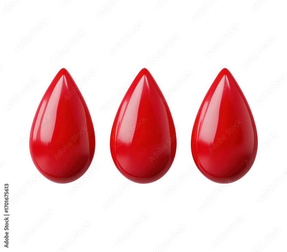 Fototapeta premium Three Glossy Red Blood Drops on a Black Background Illustration