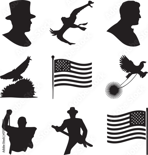 A curated set of classic American patriotic symbols, featuring historical figures, flags, and eagles as vector icons for design
