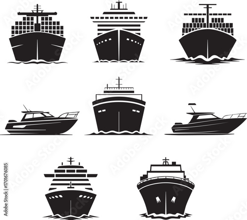 Set of diverse watercraft silhouettes featuring cargo ships, passenger liners, speedboats, and yachts, symbolizing sea travel, transport, and leisure