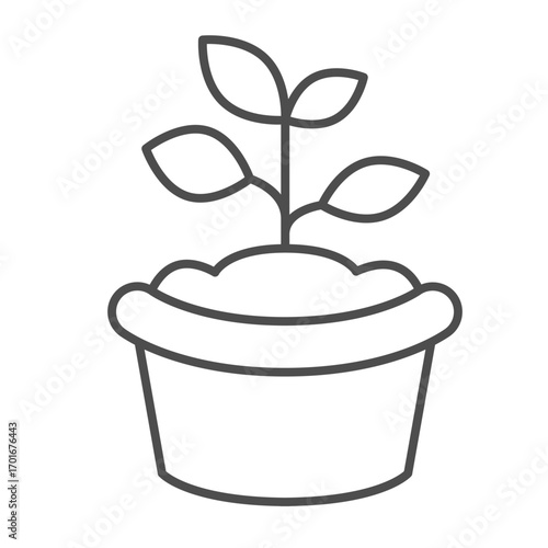 Plant with leaves in flowerpot thin line icon, spring season concept. Vector graphics. Sprout in plastic pot, gardening sign on white background, outline style icon for mobile or web design.