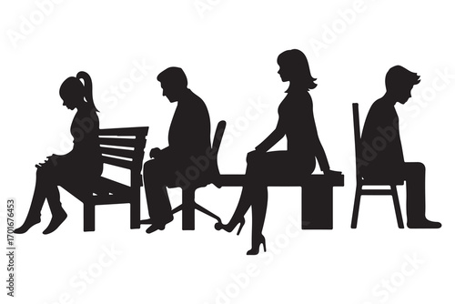 Four Black Silhouettes of People Sitting on Benches and Chairs