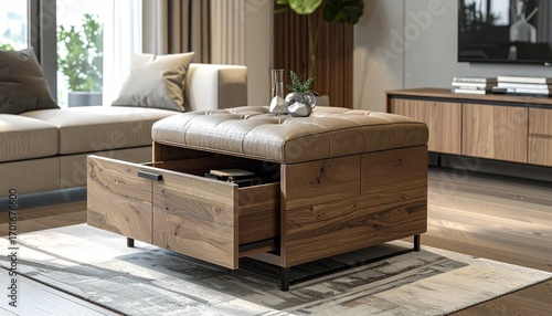Contemporary ottoman with concealed drawers and lift-up tabletop, versatile for both storage and seating
