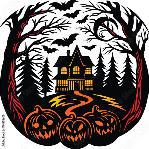 Spooky halloween night scene with haunted elements
