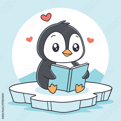 Vector art of cute cartoon penguin reading a book on an ice floe with hearts floating around, adorable illustration