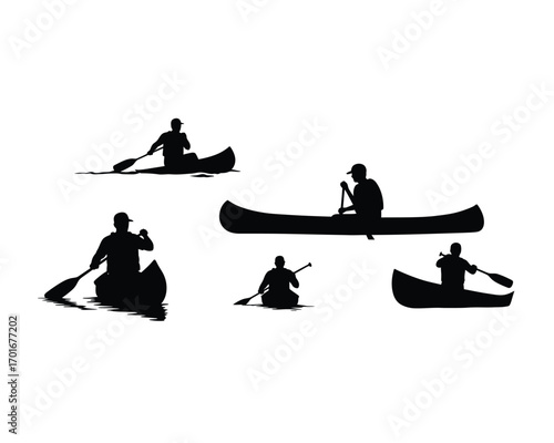 Silhouettes of people paddling canoes on water depicting outdoor recreation and peaceful water sports activities