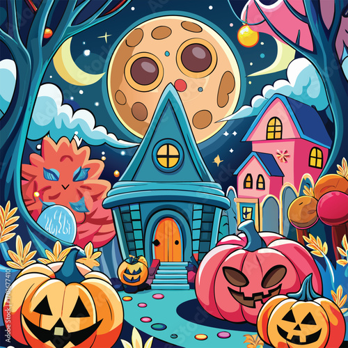 A whimsical Halloween scene with glowing jack o lanterns, haunted houses, and a spooky moonlit sky.