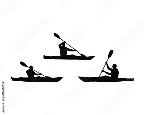 Three silhouettes of kayakers paddling on white background representing outdoor recreation and water sports