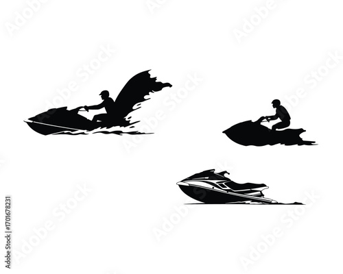 Dynamic silhouettes of three jet skiers riding waves and creating water splashes on a white background