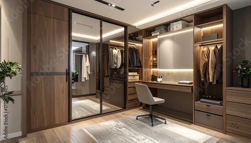 Multifunctional wardrobe design with sliding panels, built-in mirror, and fold-out workspace integration.