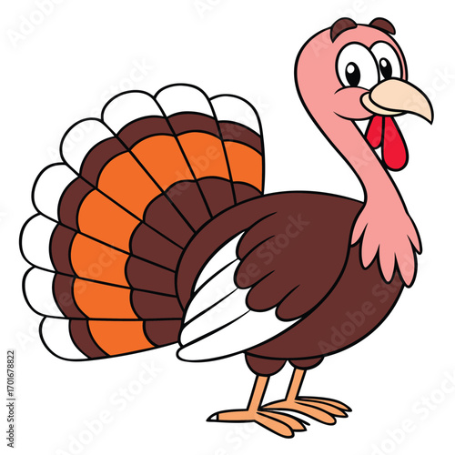 Vector art of cartoon illustration of a happy thanksgiving turkey with its tail feathers fanned out, isolated on a