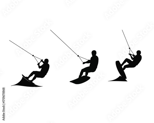 Silhouettes of three kitesurfers in dynamic poses demonstrating different stages of a jump against a clean white background