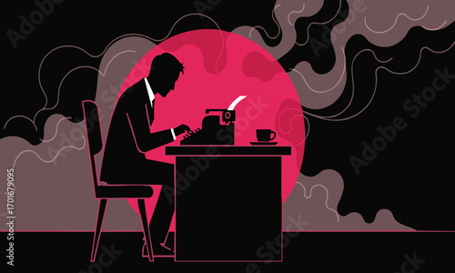 Writer Silhouette with Typewriter and Red Moon Background