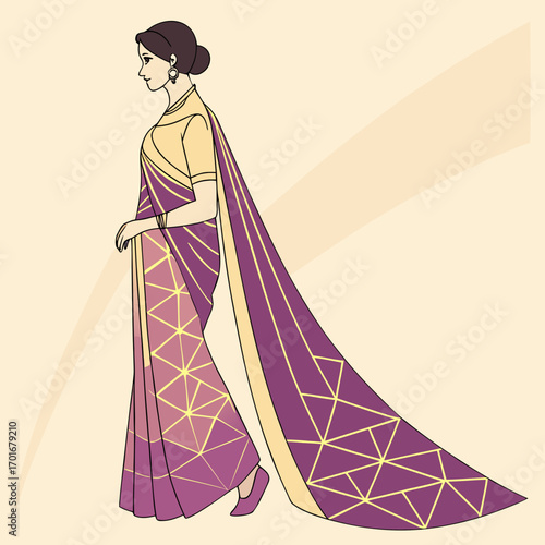 Woman in a purple and gold saree with geometric pattern and elegant drape