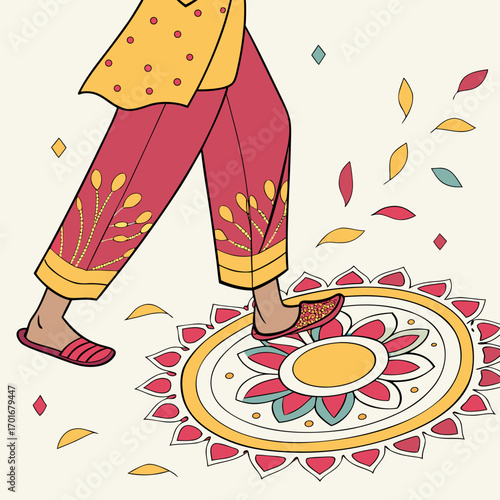 Person in traditional indian clothing walking on a rangoli design