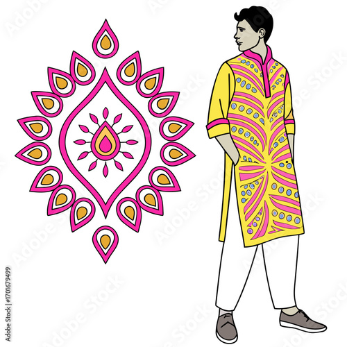 Man in traditional indian clothing standing next to a colorful decoration