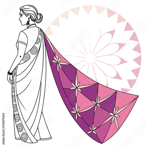 Illustration of a woman wearing a sari with geometric pattern