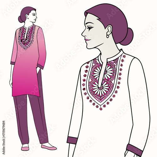 Illustration of a woman wearing a pink and white salwar kameez