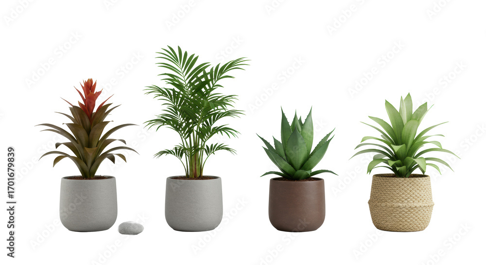 Obraz premium Linear display of four potted plants in varied pots with pebble, on solid transparent, photorealistic product shot, clean, minimalist, botanical display