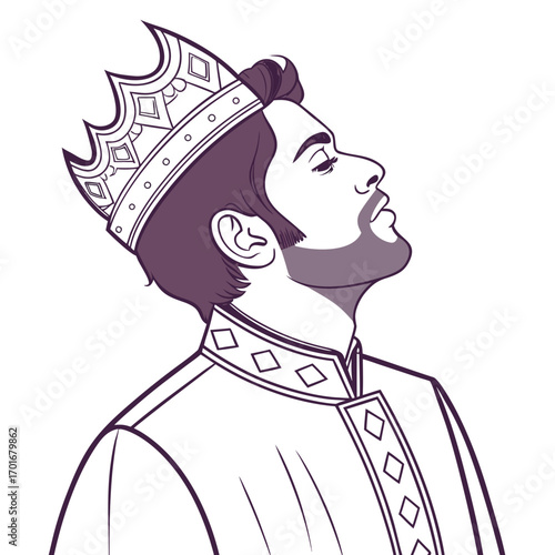 Illustration of a king with a crown looking up