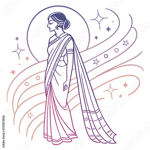 Graceful woman in saree with celestial background