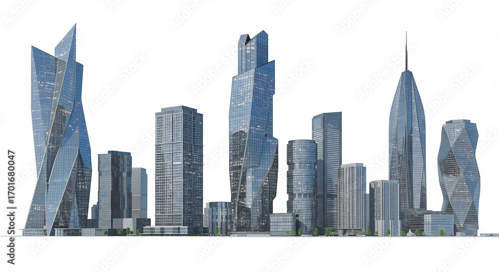 Naklejka premium (Mirai Toshi Kagayaku Kosou Birugun Shiro Haikyo Seimitsu Moderu) Translation: Future City Shining Skyscrapers White Background Precise Model. AI Generated
