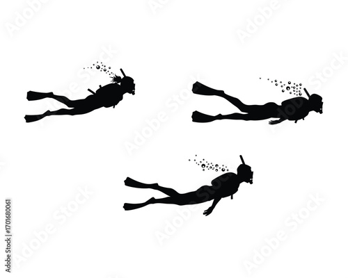 Three stylized black silhouette illustrations of scuba divers exploring underwater with bubbles rising from their gear