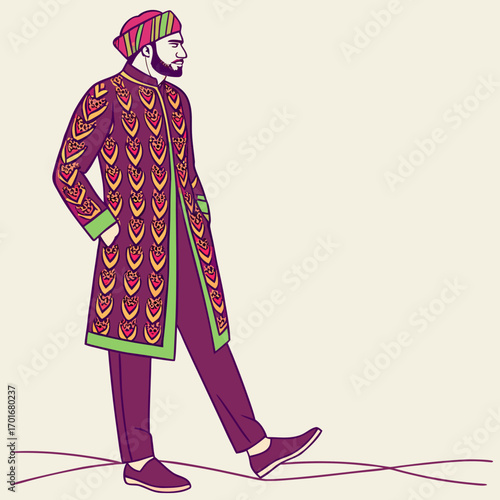 A man in a traditional indian outfit with intricate patterns and embroidery