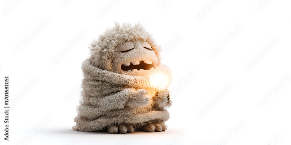 Fototapeta premium Adorable fluffy creature holding a glowing light in a serene setting