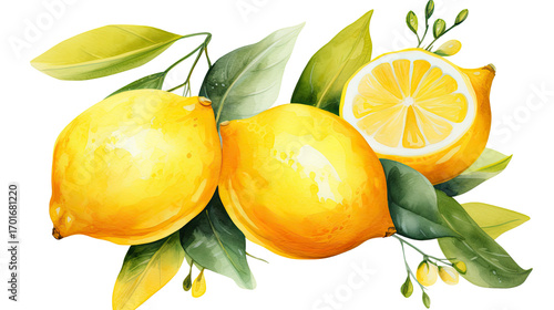 Fresh yellow lemon with green leaves isolated on white background