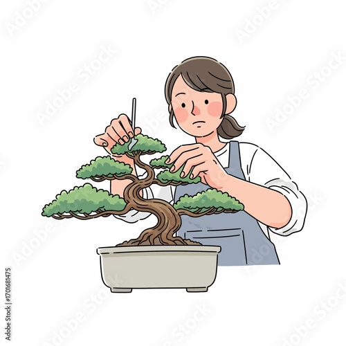 Woman carefully pruning a bonsai tree with scissors, focusing on meticulous detail in a serene setting
