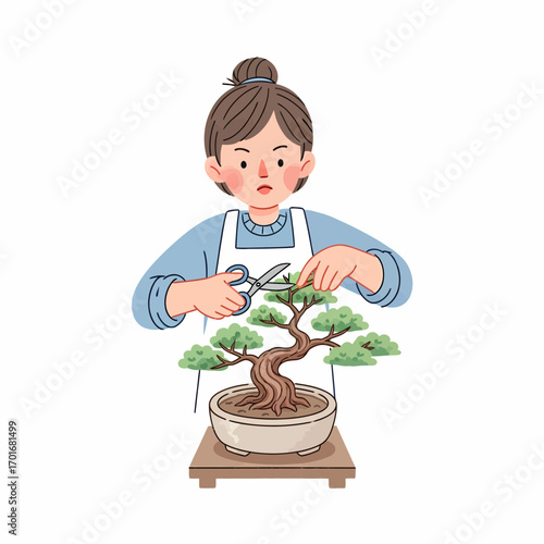 Concentrated young woman in an apron practicing the Japanese art of bonsai tree pruning