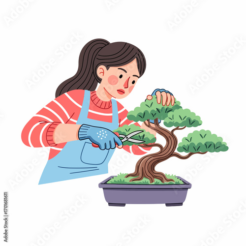 A woman carefully pruning a miniature bonsai tree with gardening shears, focusing on its growth and health