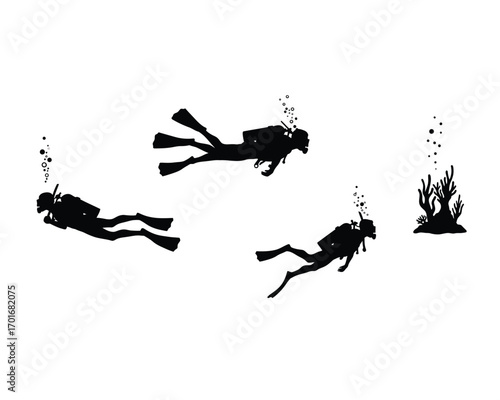 Three silhouette divers exploring underwater ocean depths with bubbles and seaweed illustration