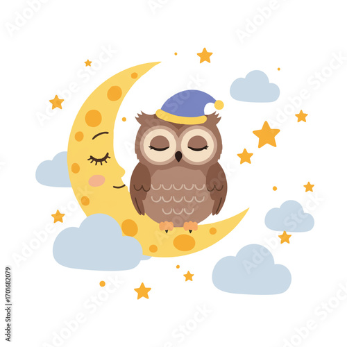 Sleepy cute owl peacefully perched on a crescent moon, surrounded by twinkling stars and fluffy clouds, creating a gentle lullaby atmosphere in this vibrant 2D flat vector.
