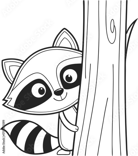 Vector art of cute cartoon raccoon peeking from behind a tree, black and white illustration for coloring