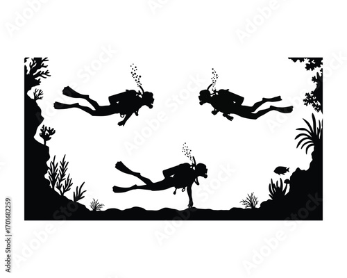 Silhouettes of three scuba divers exploring a vibrant coral reef with aquatic plants and a small fish in the clear blue ocean water