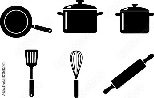 A comprehensive vector illustration featuring various common kitchen tools and pots, depicted in a stylish silhouette format, ideal for culinary projects, cooking instruction