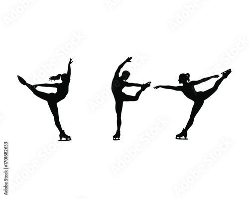 Dynamic silhouettes of three female figure skaters performing graceful balletic poses on ice