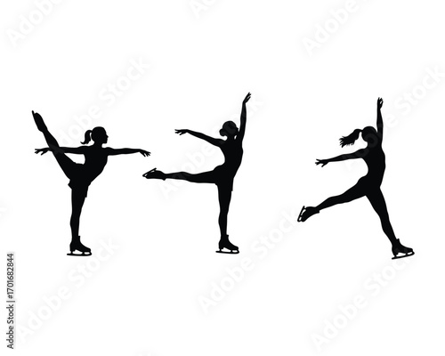 Three silhouettes of a female figure skater performing graceful poses and jumps on ice skates