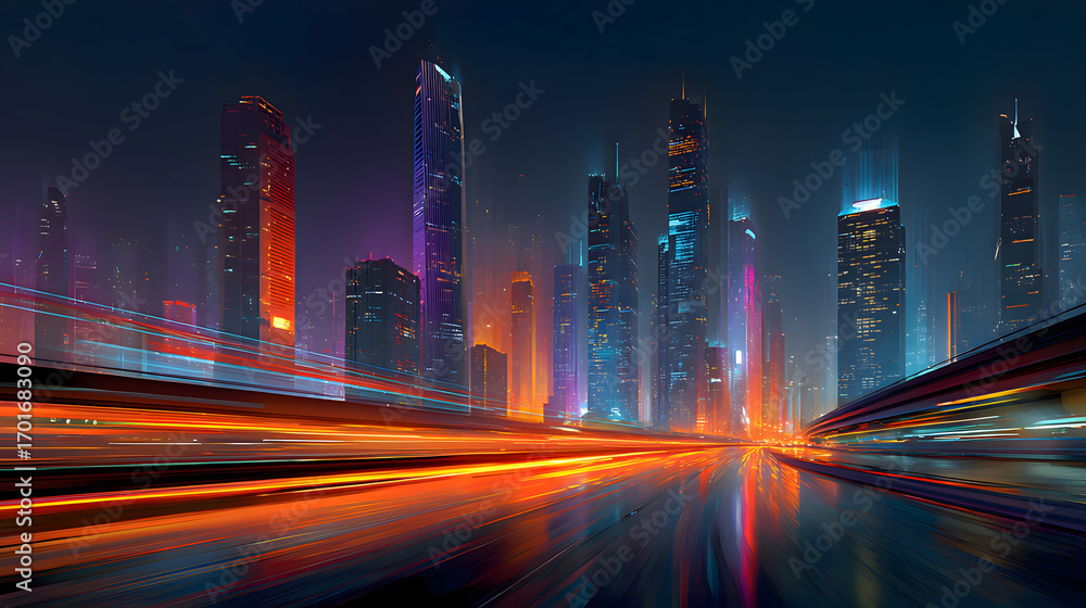 Fototapeta premium Futuristic cityscape with vibrant lights and motion blur at night AI Generated