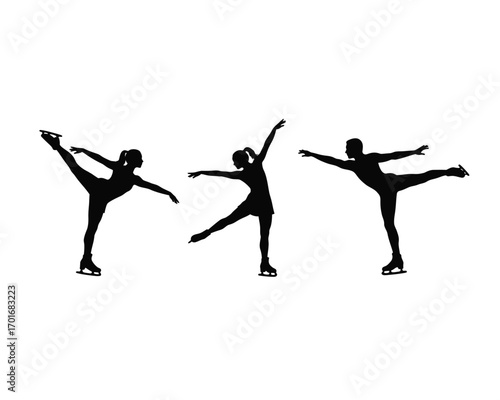 Three silhouettes of figure skaters performing graceful jumps and poses on the ice