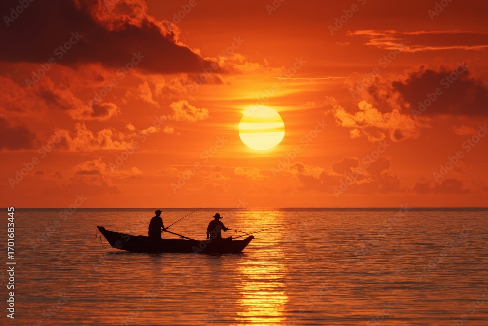 Obraz premium Two figures fishing in a small boat during a vibrant sunset over a calm sea