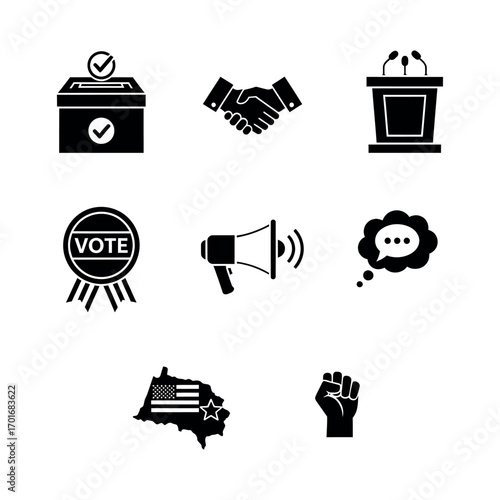 A powerful vector icon set for politics and elections. Featuring voting symbols, party mascots, and campaign graphics for civic projects