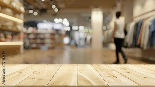 A wooden table inside a clothing store with a blurred background