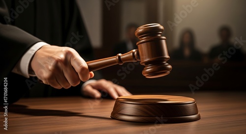 Brown Wooden Gavel in Courtroom, Justice and Legal Proceedings, Wood Texture