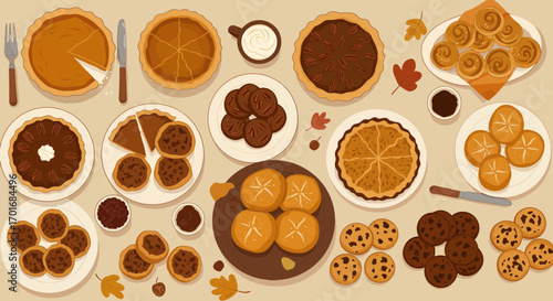 Abundant Fall Harvest Feast Featuring Delicious Pies, Pastries, Cookies, and Coffee Perfect for Holiday Gatherings and Cozy Celebrations