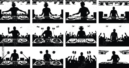 PrintSilhouette illustration of DJ playing music at nightclub party, electronic dance festival, concert crowd, nightclub entertainment, live performance background design.