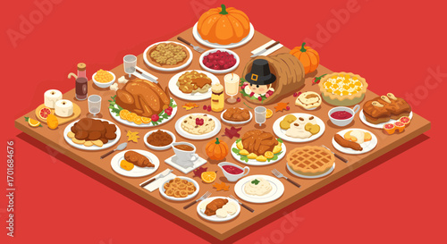 Abundant Thanksgiving feast spread with roasted turkey pies mashed potatoes and festive pilgrim cornucopia inviting family gatherings and holiday celebrations