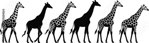 A row of giraffes in silhouette and patterned styles standing side by side in a diverse and stylish group.